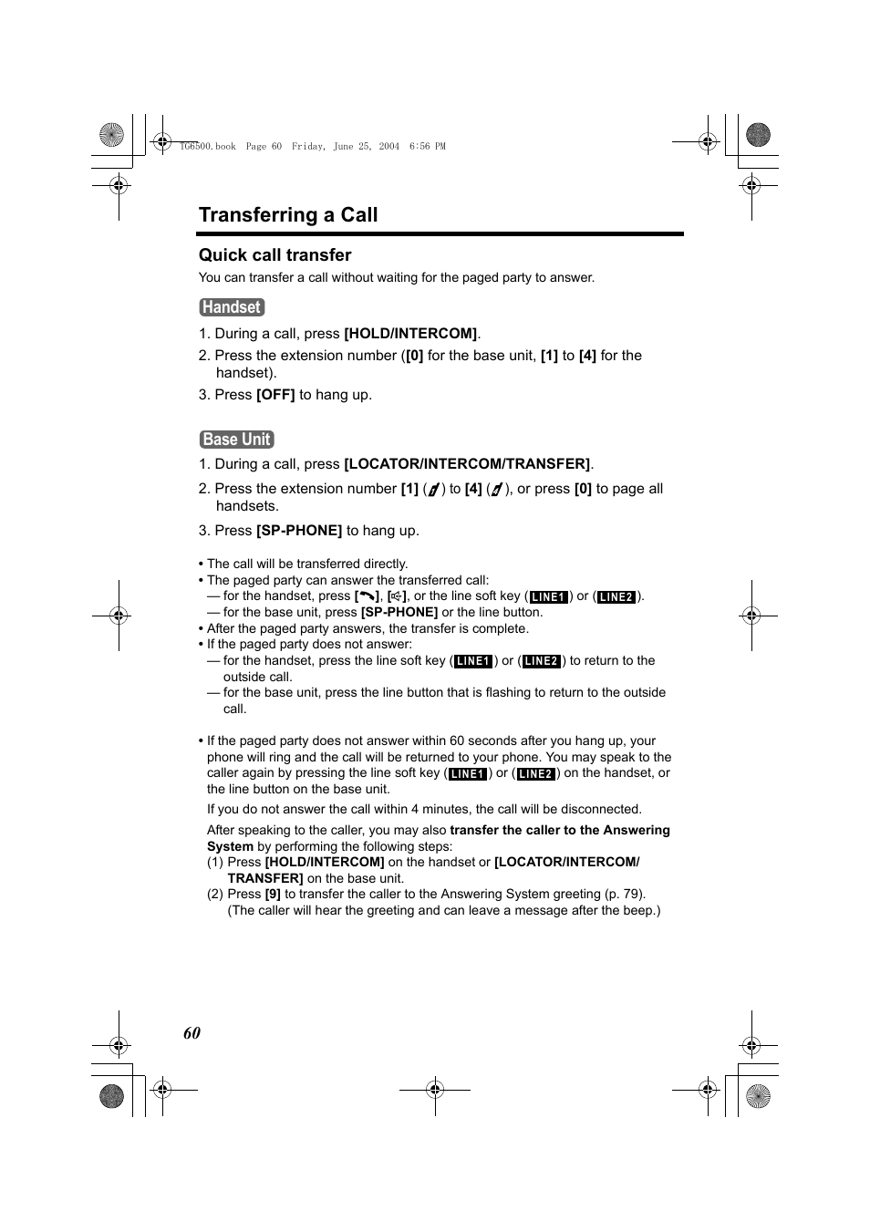 Quick call transfer, During a call, press [hold/intercom, Press [off] to hang up | During a call, press [locator/intercom/transfer, Press [sp-phone] to hang up, Transferring a call, 60 quick call transfer, Handset base unit | Panasonic KX-TG6502 User Manual | Page 60 / 108