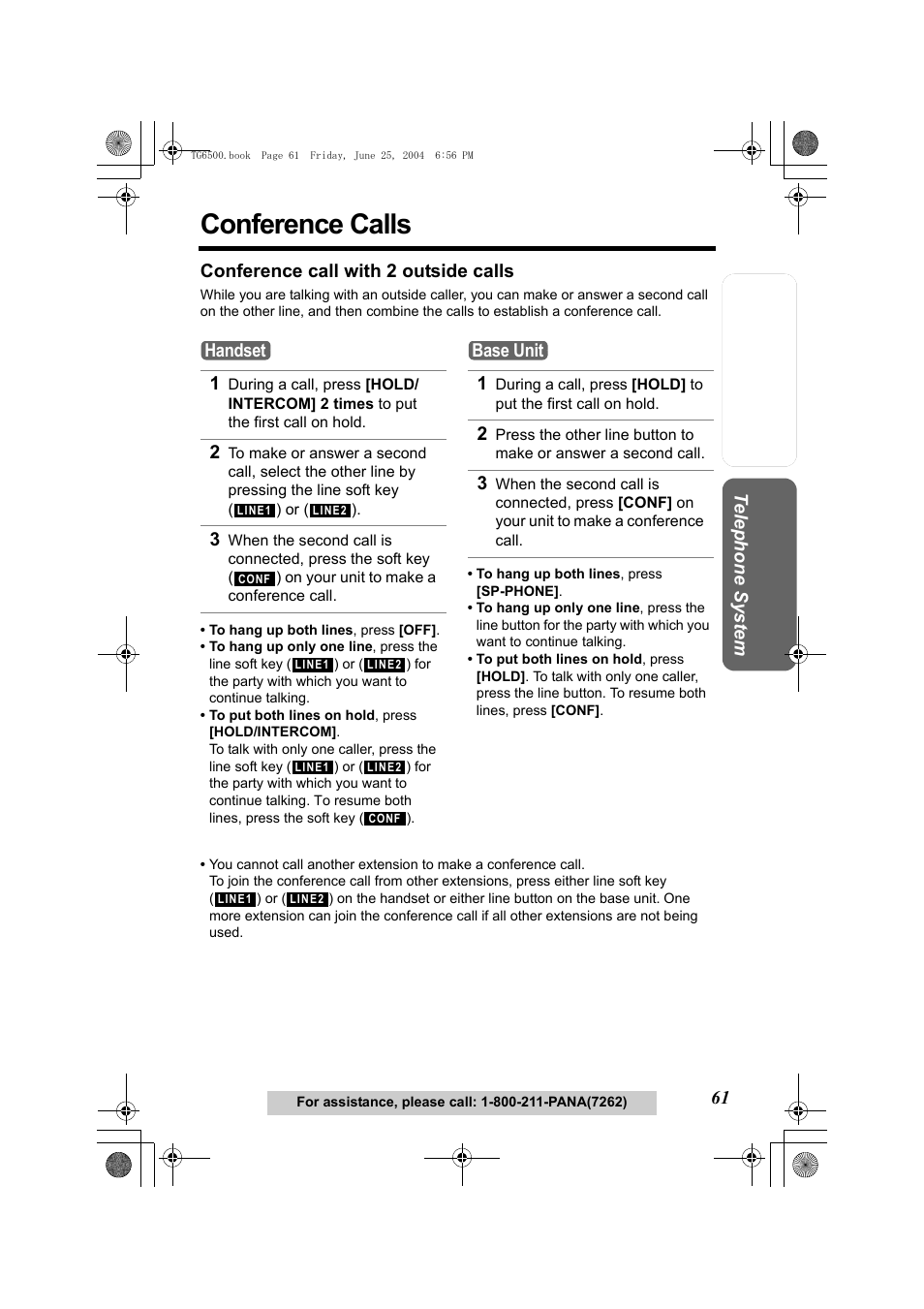 Conference calls, Conference call with 2 outside calls, P. 61) | Ll (p. 61), Handset, Base unit | Panasonic KX-TG6502 User Manual | Page 61 / 108