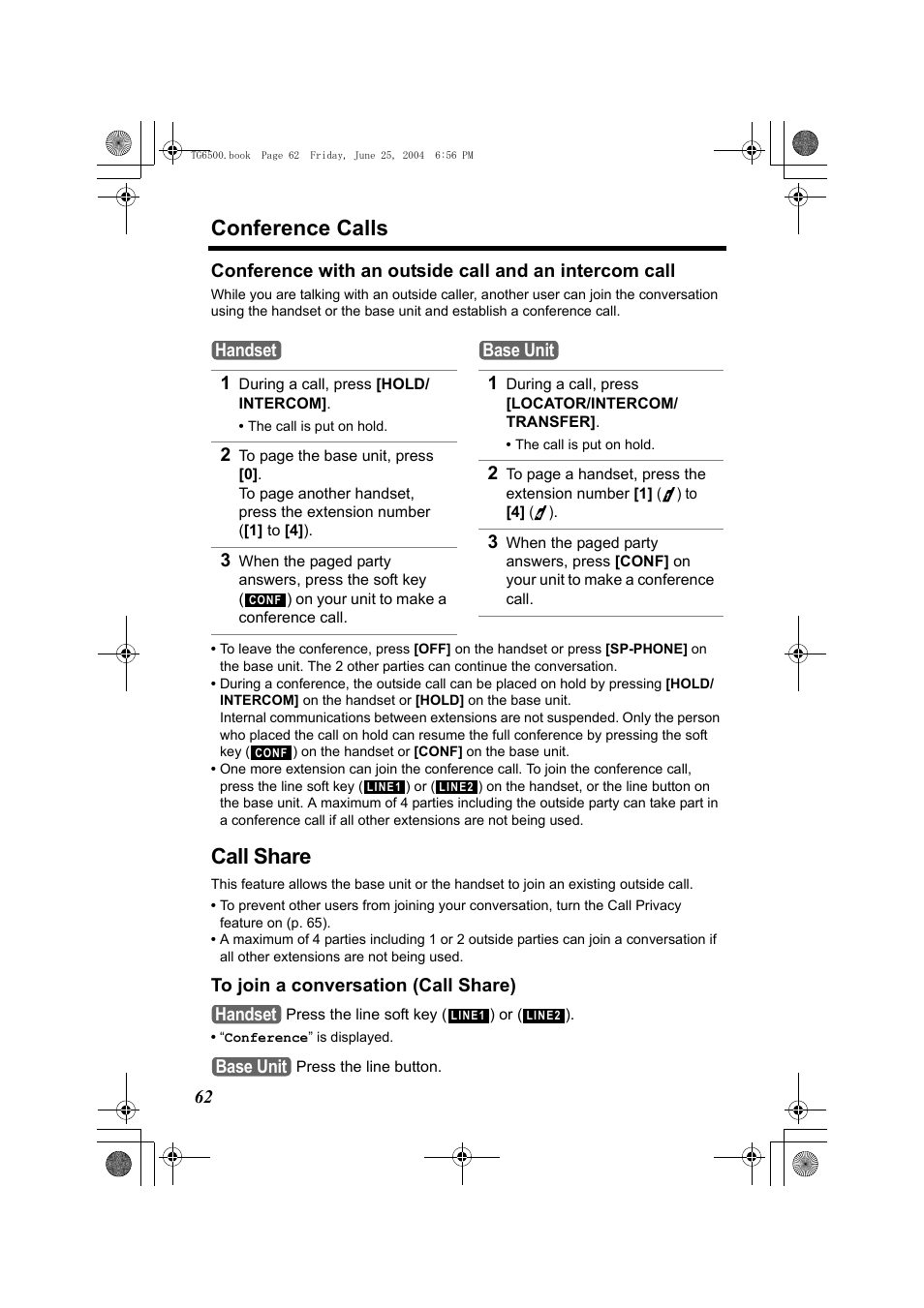 1 during a call, press [hold/ intercom, 1 during a call, press [locator/intercom/ transfer, Call share | To join a conversation (call share), Conference calls | Panasonic KX-TG6502 User Manual | Page 62 / 108