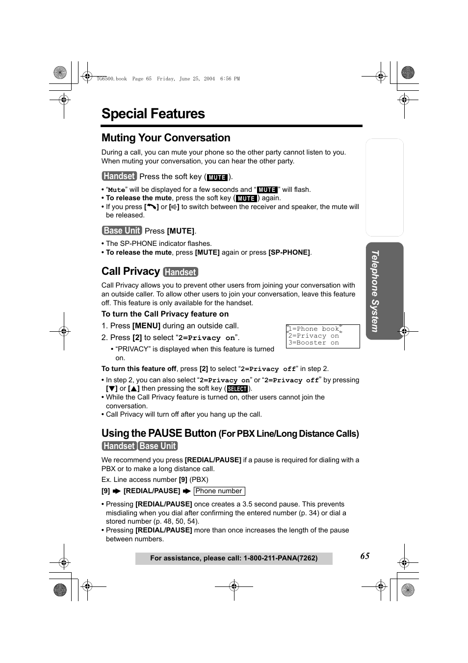 Special features, Muting your conversation, Call privacy | Press [menu] during an outside call, Press [2] to select “2=privacy on, Button (p. 65), P. 65). other extensio, P. 65), P. 65). the, Using the pause button | Panasonic KX-TG6502 User Manual | Page 65 / 108