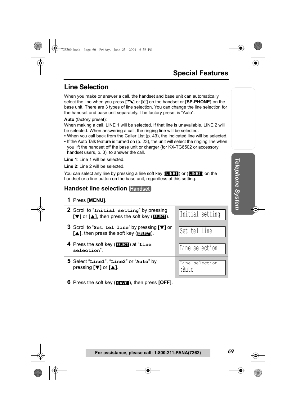Line selection, Handset line selection, 1 press [menu | Initial setting, Set tel line, 4 press the soft key () at “line selection, Auto, 6 press the soft key (), then press [off, Special features | Panasonic KX-TG6502 User Manual | Page 69 / 108