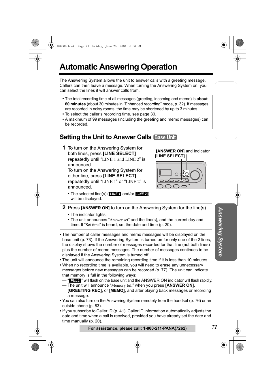 Automatic answering operation, Setting the unit to answer calls, Indicator (p. 71) | P. 71), G system on (p. 71), Ne (p. 71) | Panasonic KX-TG6502 User Manual | Page 71 / 108
