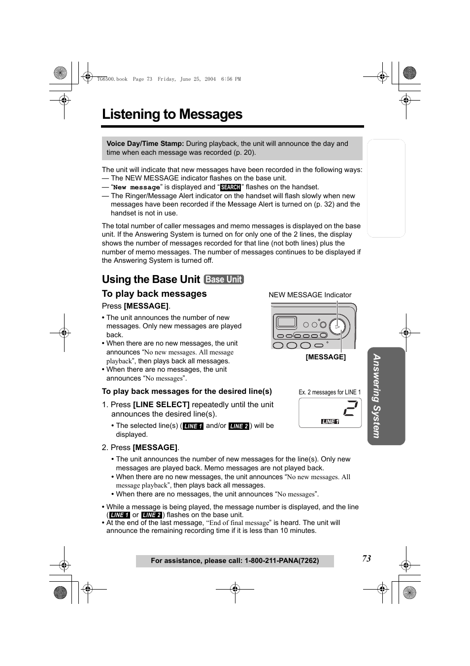 Listening to messages, Using the base unit, To play back messages | Press [message, Button (p. 73), R (p. 73), S (p. 73), P. 73), Se unit (p. 73). if the answerin, Base unit | Panasonic KX-TG6502 User Manual | Page 73 / 108