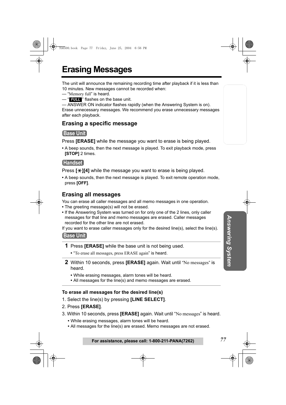 Erasing messages, Erasing a specific message, Erasing all messages | Select the line(s) by pressing [line select, Press [erase, P. 77), Ges (p. 77), Ssages (p. 77) | Panasonic KX-TG6502 User Manual | Page 77 / 108