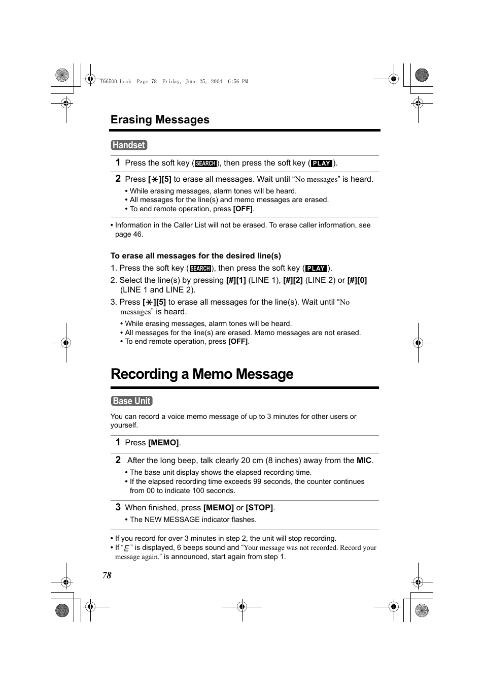Erasing messages, Press the soft key (), then press the soft key (), Recording a memo message | 1 press [memo, 3 when finished, press [memo] or [stop, P. 78) | Panasonic KX-TG6502 User Manual | Page 78 / 108