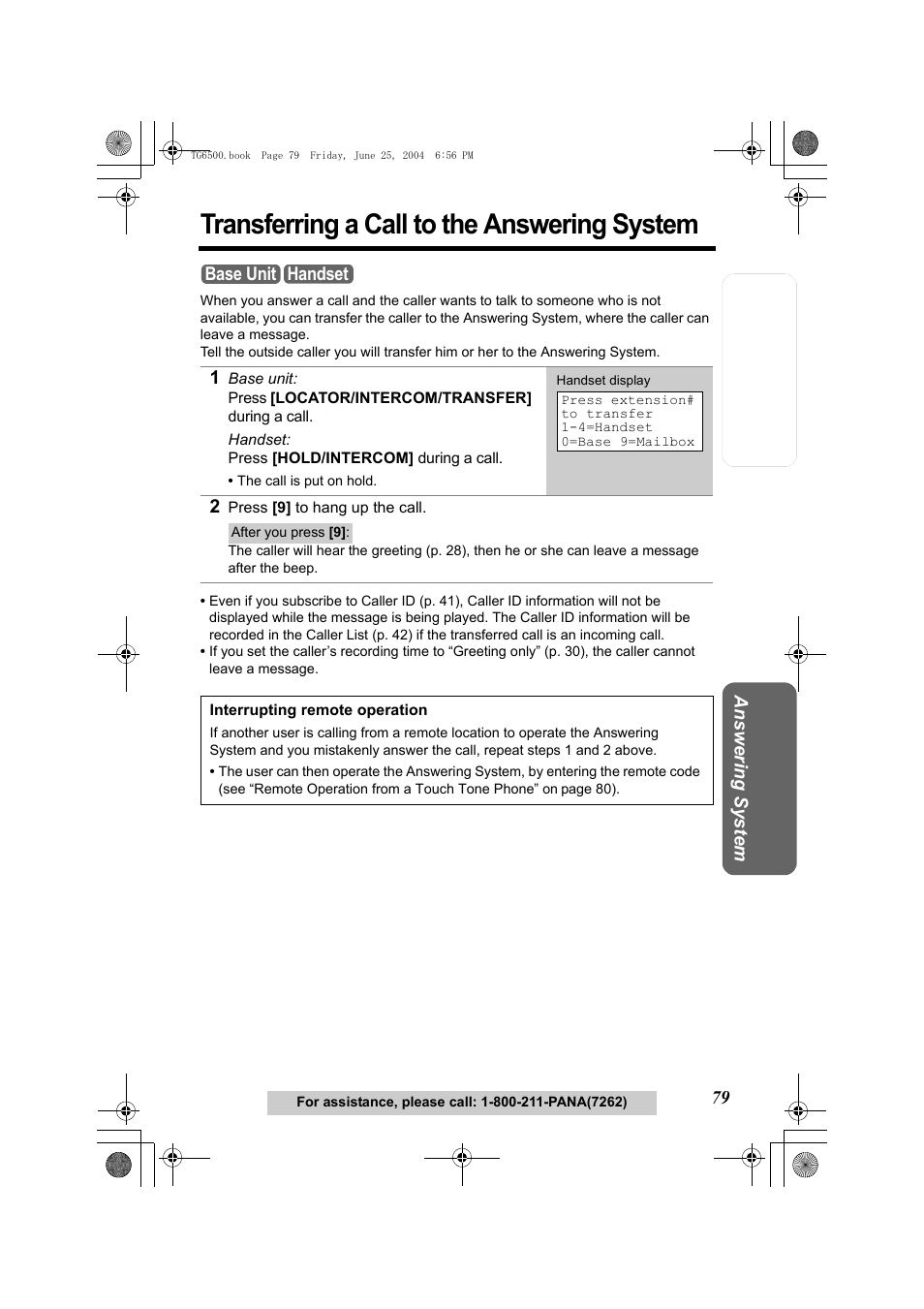 Transferring a call to the answering system, 2 press [9] to hang up the call | Panasonic KX-TG6502 User Manual | Page 79 / 108