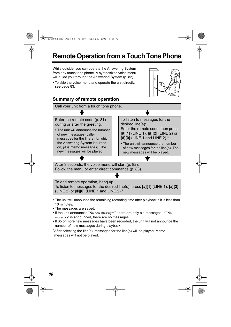 Remote operation from a touch tone phone, Summary of remote operation | Panasonic KX-TG6502 User Manual | Page 80 / 108