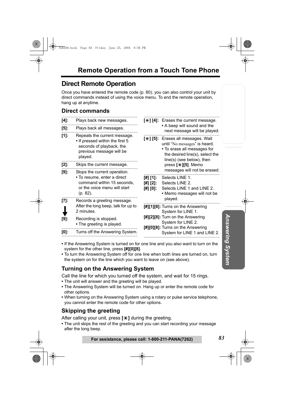 Direct remote operation, Direct commands, Turning on the answering system | Skipping the greeting, Nds (p. 83), Remote operation from a touch tone phone, Te lephone system | Panasonic KX-TG6502 User Manual | Page 83 / 108