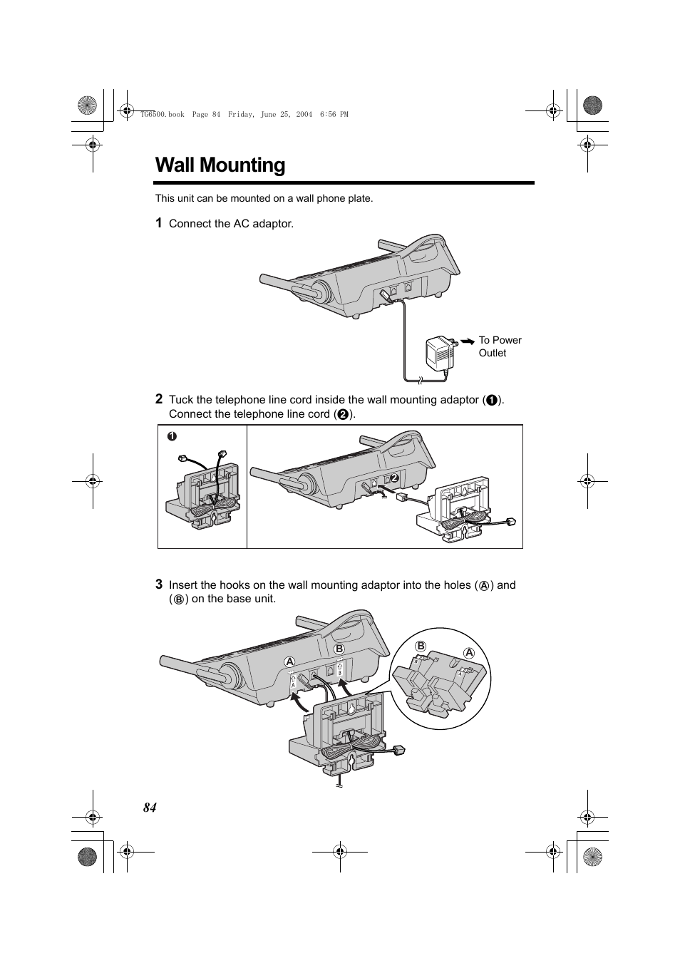 Wall mounting, 1 connect the ac adaptor, P. 84) | Panasonic KX-TG6502 User Manual | Page 84 / 108
