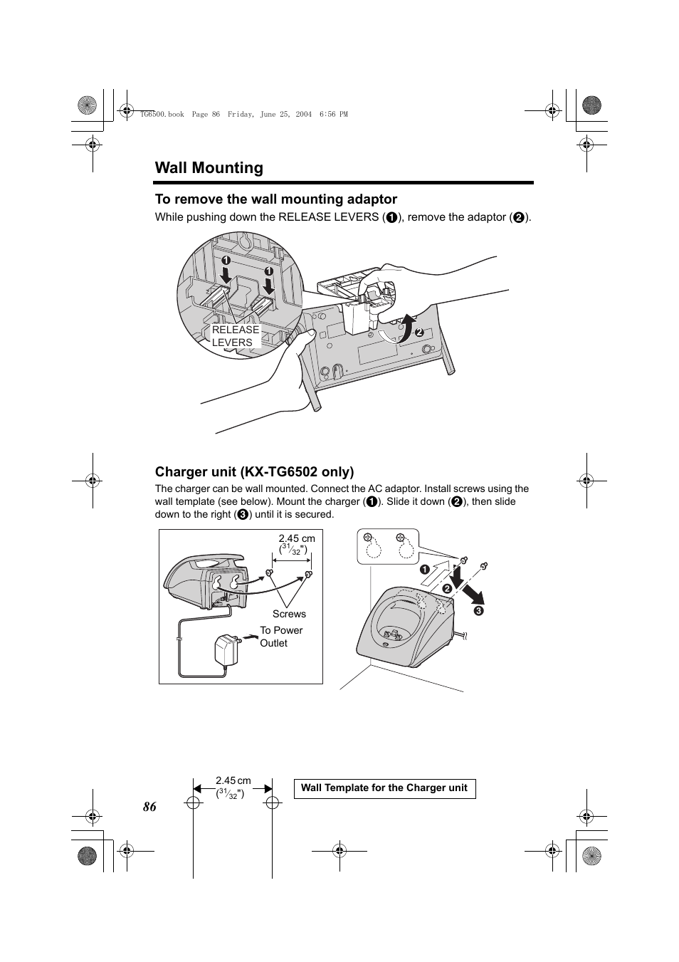 To remove the wall mounting adaptor, Charger unit (kx-tg6502 only), Wall mounting | 86 to remove the wall mounting adaptor | Panasonic KX-TG6502 User Manual | Page 86 / 108