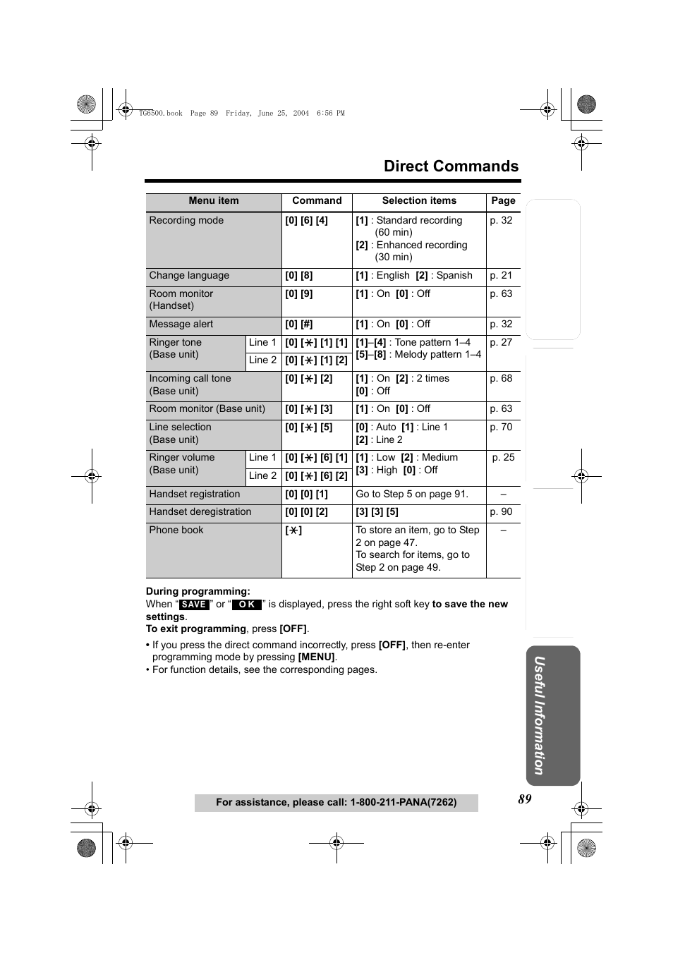 Direct commands, Te lephone system | Panasonic KX-TG6502 User Manual | Page 89 / 108