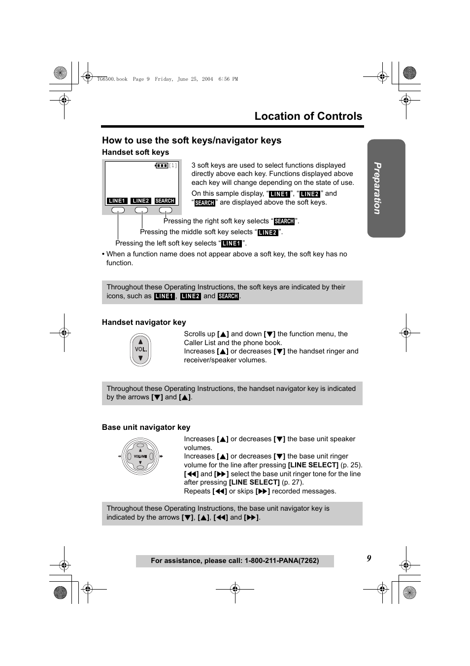 How to use the soft keys/navigator keys, P. 9), Keys (p. 9) | Location of controls, Preparatio n | Panasonic KX-TG6502 User Manual | Page 9 / 108