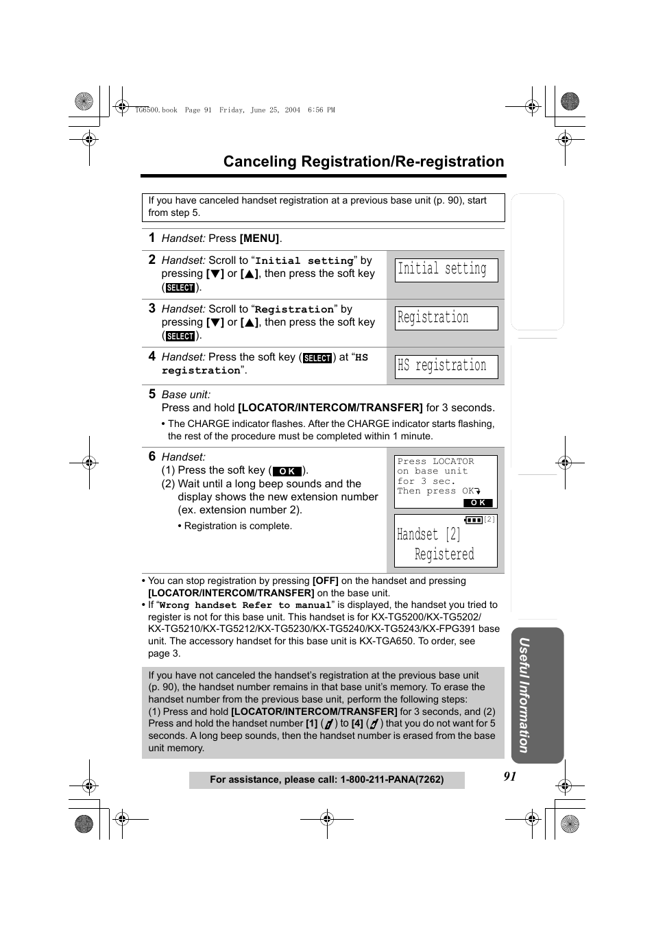 1 handset: press [menu, Initial setting, Registration | Hs registration, 6 handset, 1) press the soft key (), Handset [2, Registered, Handset [2] registered, Canceling registration/re-registration | Panasonic KX-TG6502 User Manual | Page 91 / 108