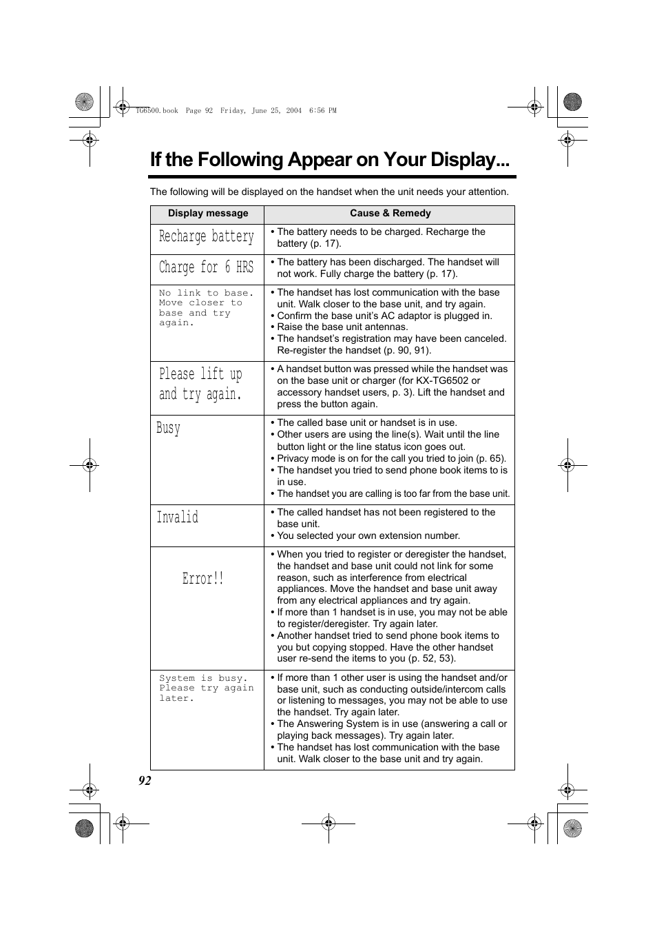 If the following appear on your display, Recharge battery, Charge for 6 hrs | Please lift up and try again, Error, Busy, Invalid | Panasonic KX-TG6502 User Manual | Page 92 / 108