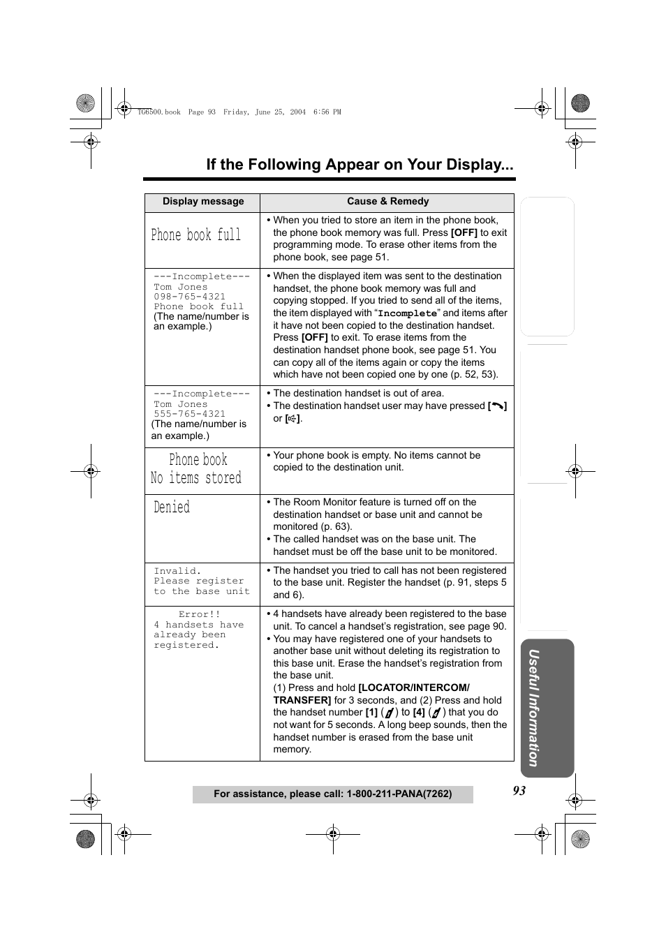 Denied, Phone book full, Phone book no items stored | If the following appear on your display | Panasonic KX-TG6502 User Manual | Page 93 / 108