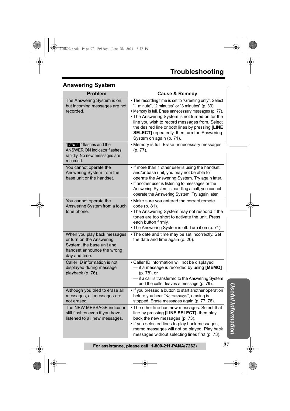 Answering system, Troubleshooting, Te lephone system | Panasonic KX-TG6502 User Manual | Page 97 / 108