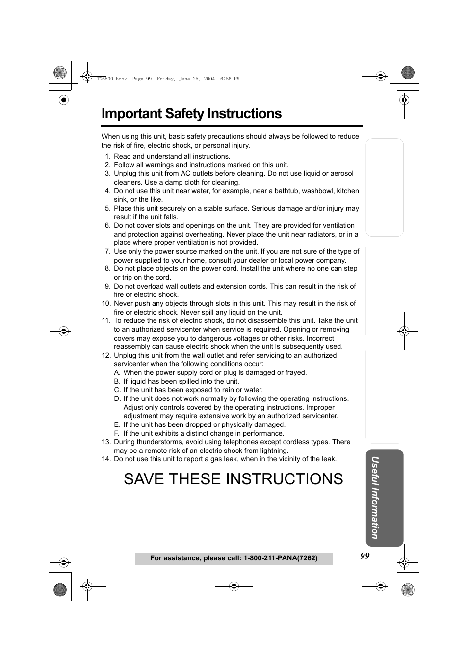 Important safety instructions, Save these instructions | Panasonic KX-TG6502 User Manual | Page 99 / 108