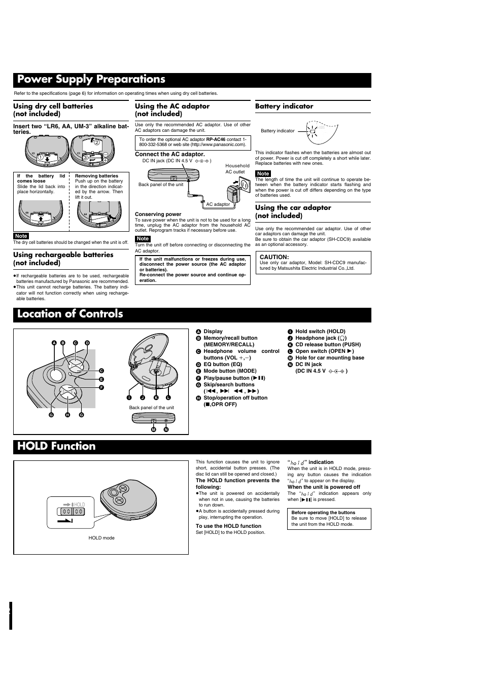 Power supply preparations, Location of controls, Hold function | Panasonic SL-SX293 User Manual | Page 2 / 6