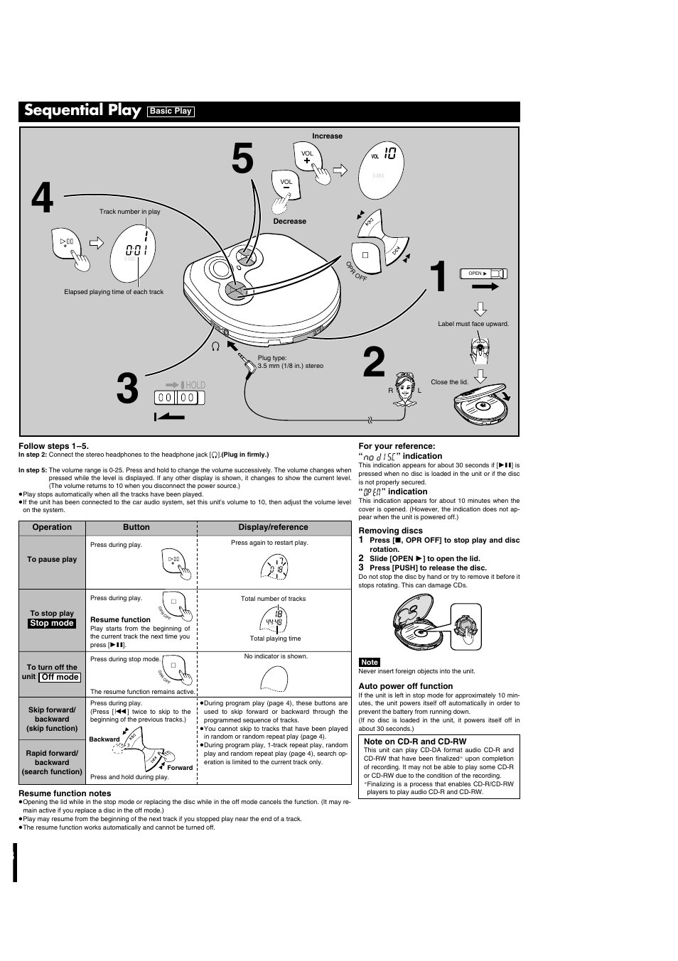 Sequential play, Hold | Panasonic SL-SX293 User Manual | Page 3 / 6