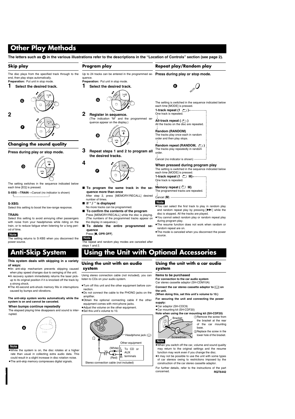 Other play methods, Using the unit with optional accessories, Anti-skip system | Using the unit with a car audio system, Skip play, Changing the sound quality, Repeat play/random play, Dprogram play, Using the unit with an audio system | Panasonic SL-SX293 User Manual | Page 4 / 6