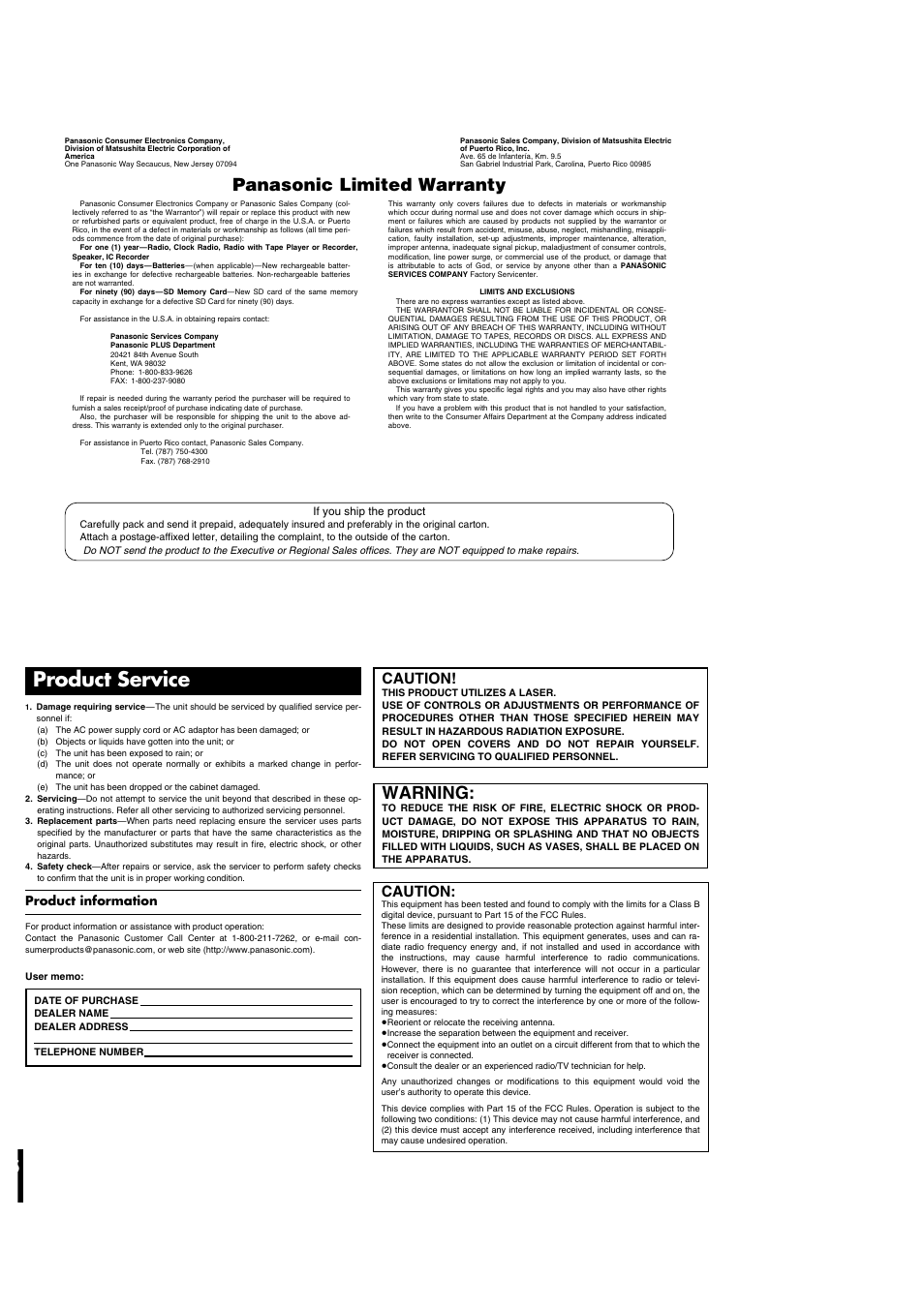 Product service, 5panasonic limited warranty, Warning | Caution, Product information | Panasonic SL-SX293 User Manual | Page 5 / 6