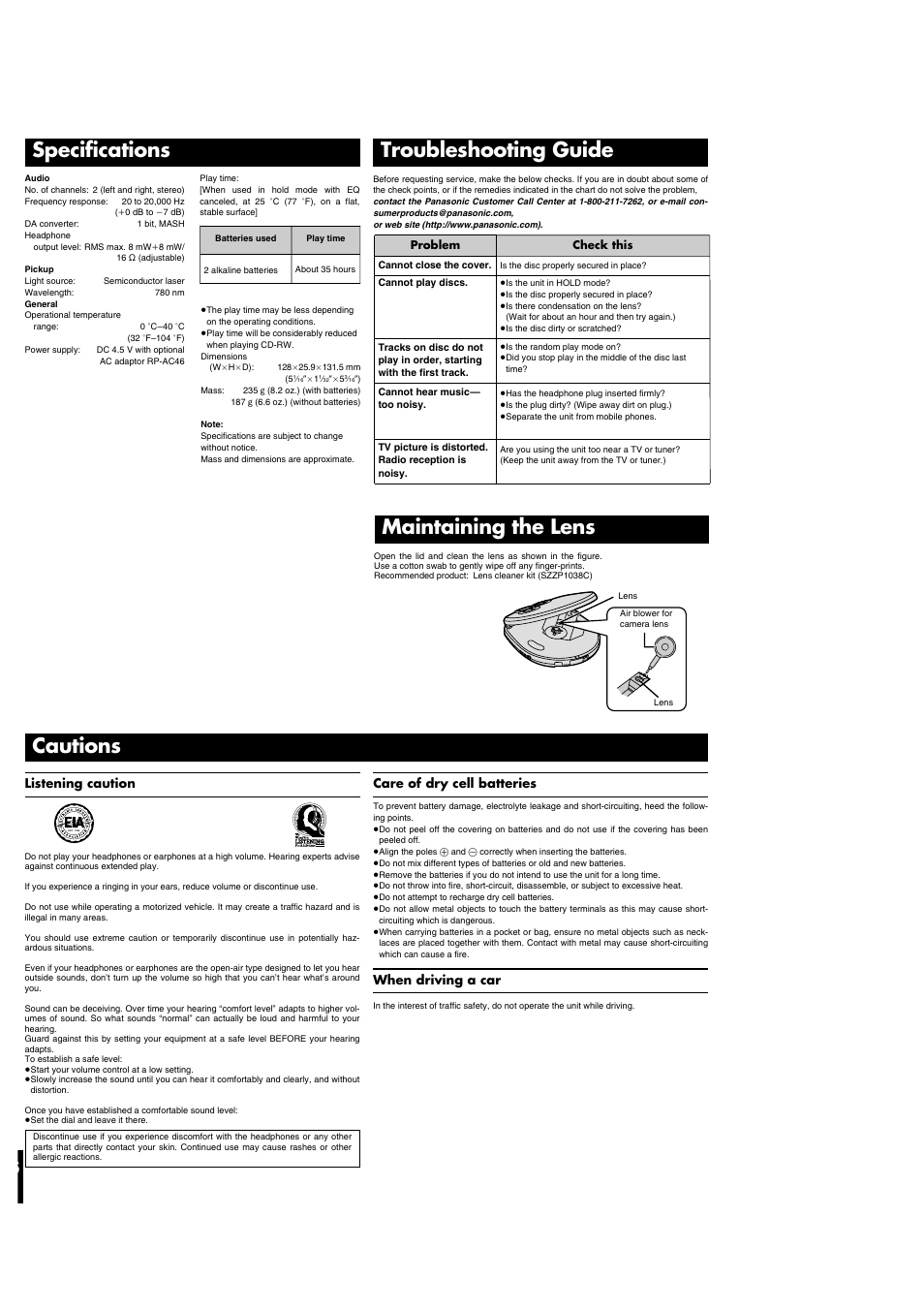 Specifications troubleshooting guide, Cautions, Maintaining the lens | Listening caution, When driving a car, Care of dry cell batteries | Panasonic SL-SX293 User Manual | Page 6 / 6