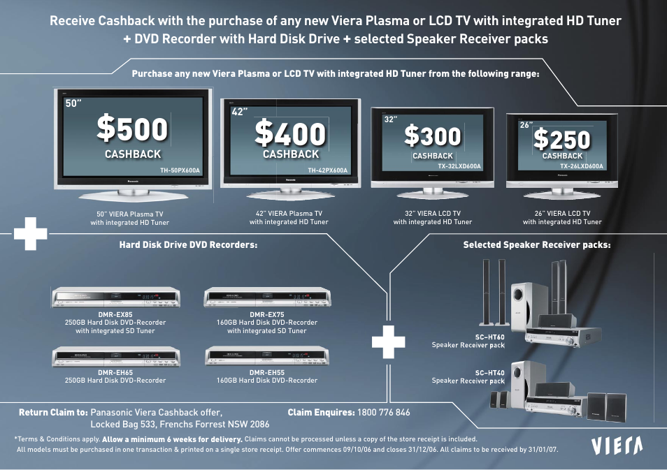 Cashback, Return claim to: panasonic viera cashback offer, Locked bag 533, frenchs forrest nsw 2086 | Panasonic DMR-EX 75 User Manual | Page 2 / 3