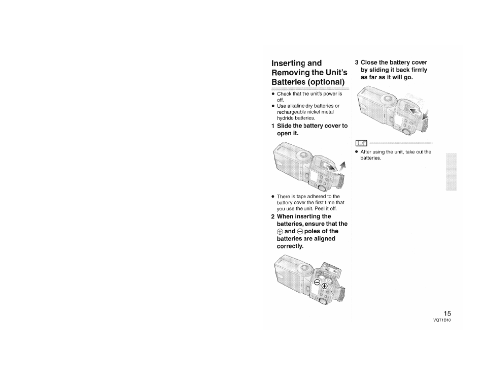 Inserting and, Removing the unit’s, Batteries (optional) | 1 slide the battery cover to open it | Panasonic LUMIX DMW-FL360 User Manual | Page 15 / 60