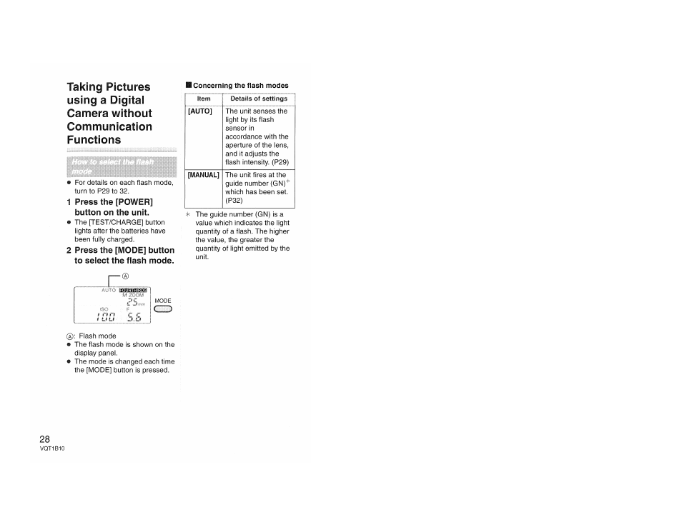 1 press the [power] button on the unit, 2 press the [mode] button to select the flash mode | Panasonic LUMIX DMW-FL360 User Manual | Page 28 / 60