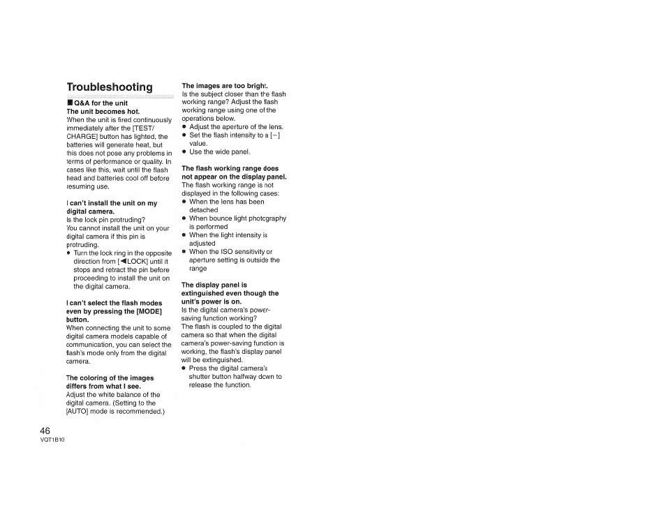 Troubleshooting, Mq&a for the unit the unit becomes hot, 1 can’t instail the unit on my digital camera | The coloring of the images differs from what 1 see, The images are too bright | Panasonic LUMIX DMW-FL360 User Manual | Page 46 / 60