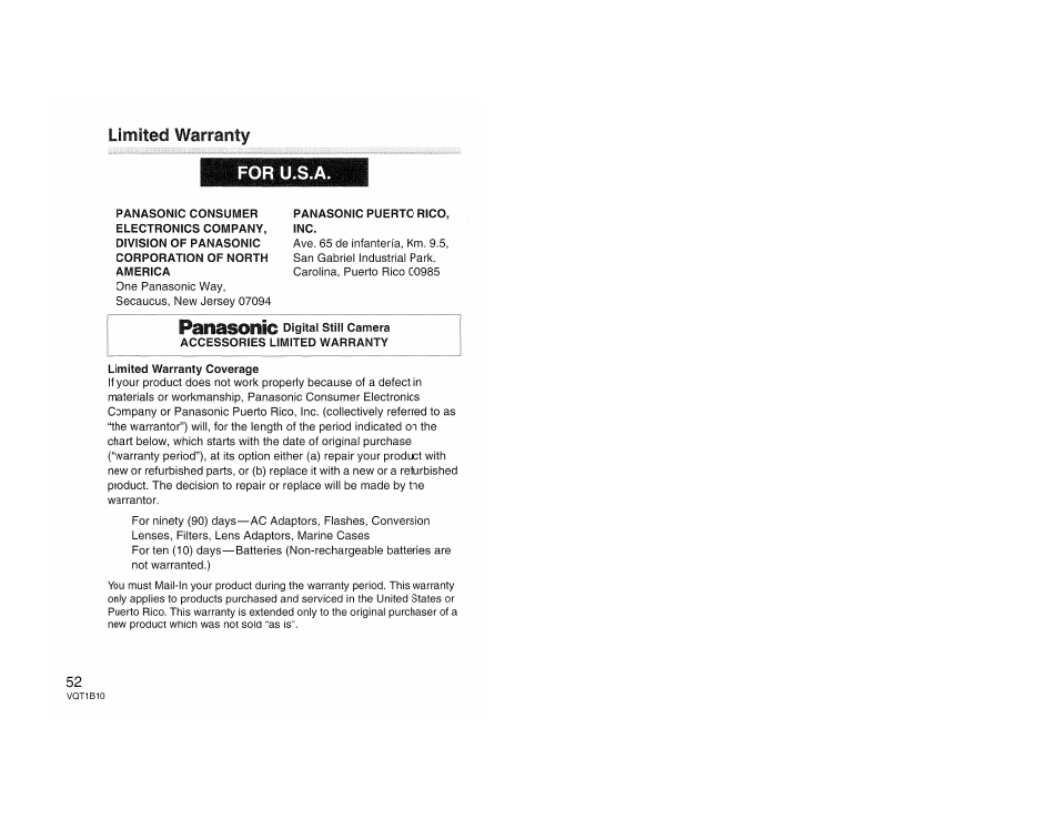 Limited warranty, For u.s.a, Limited warranty for u.s.a | Panasonic LUMIX DMW-FL360 User Manual | Page 52 / 60