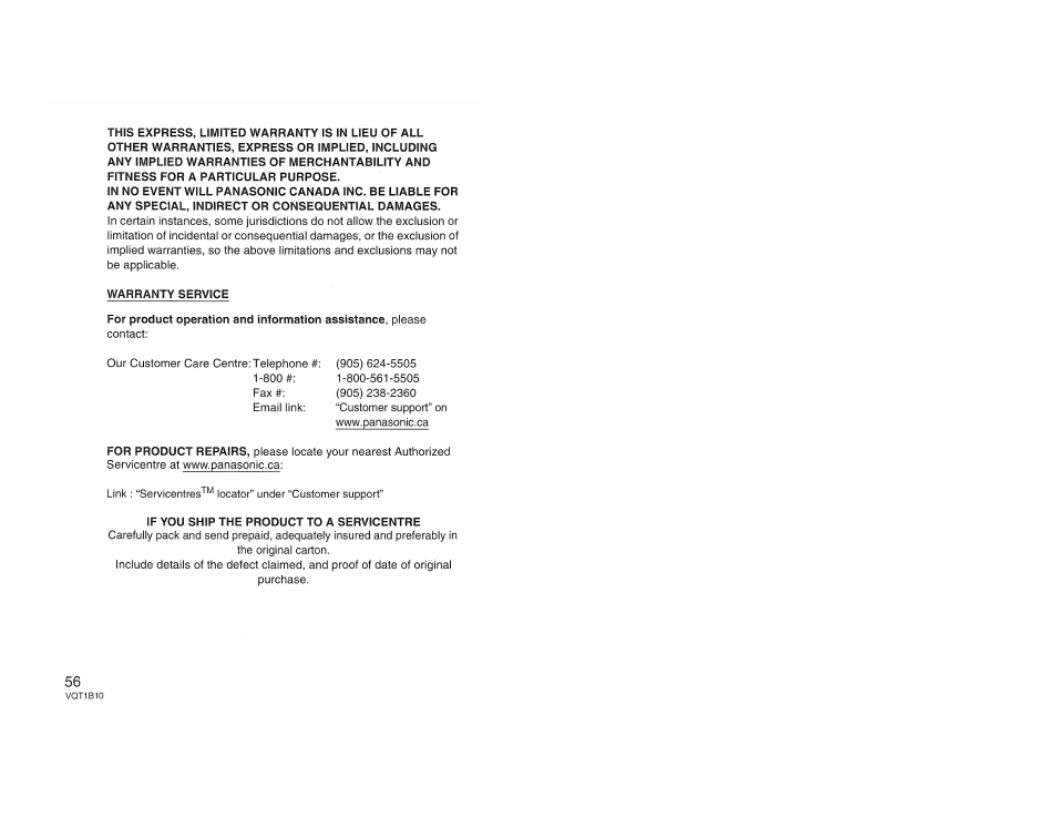 Warranty service, If you ship the product to a servicentre | Panasonic LUMIX DMW-FL360 User Manual | Page 56 / 60