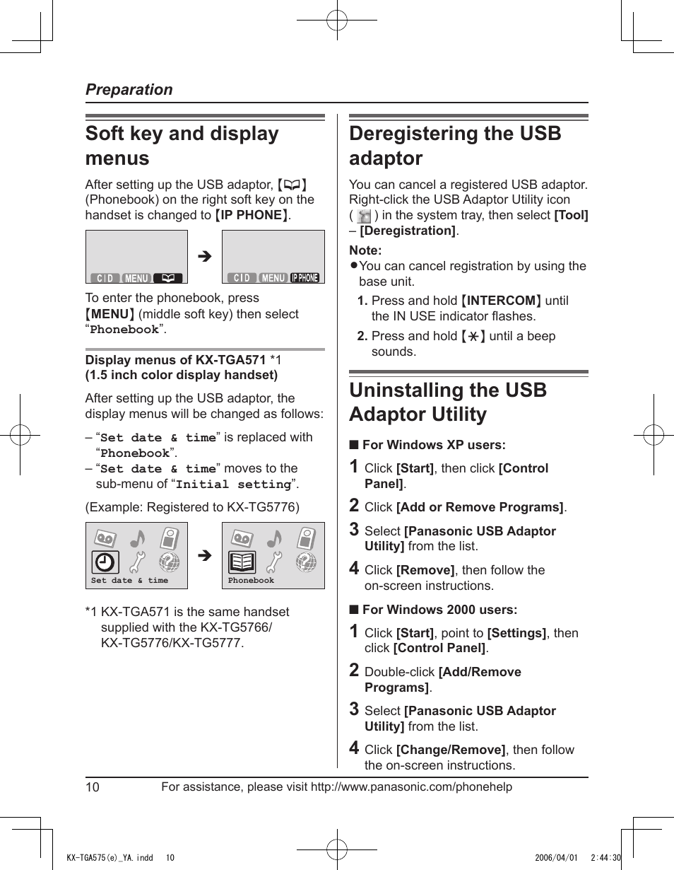 Soft key and display menus, Deregistering the usb adapter, Uninstalling the usb adapter utility | Deregistering the usb adaptor, Uninstalling the usb adaptor utility | Panasonic KX-TGA575 User Manual | Page 10 / 24