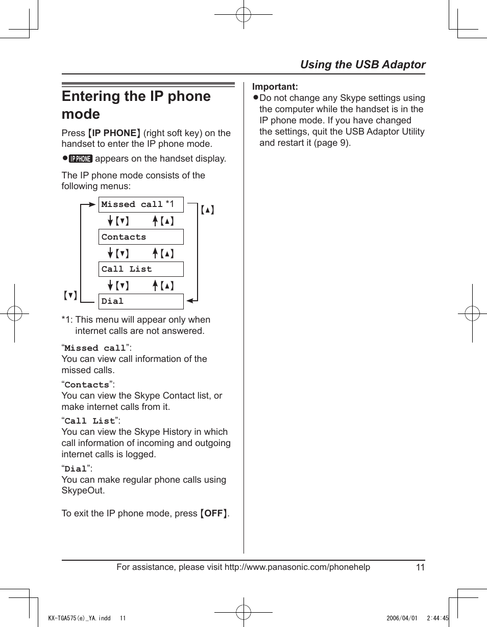 Using the usb adapter, Entering the ip phone mode, Using the usb adaptor | Panasonic KX-TGA575 User Manual | Page 11 / 24