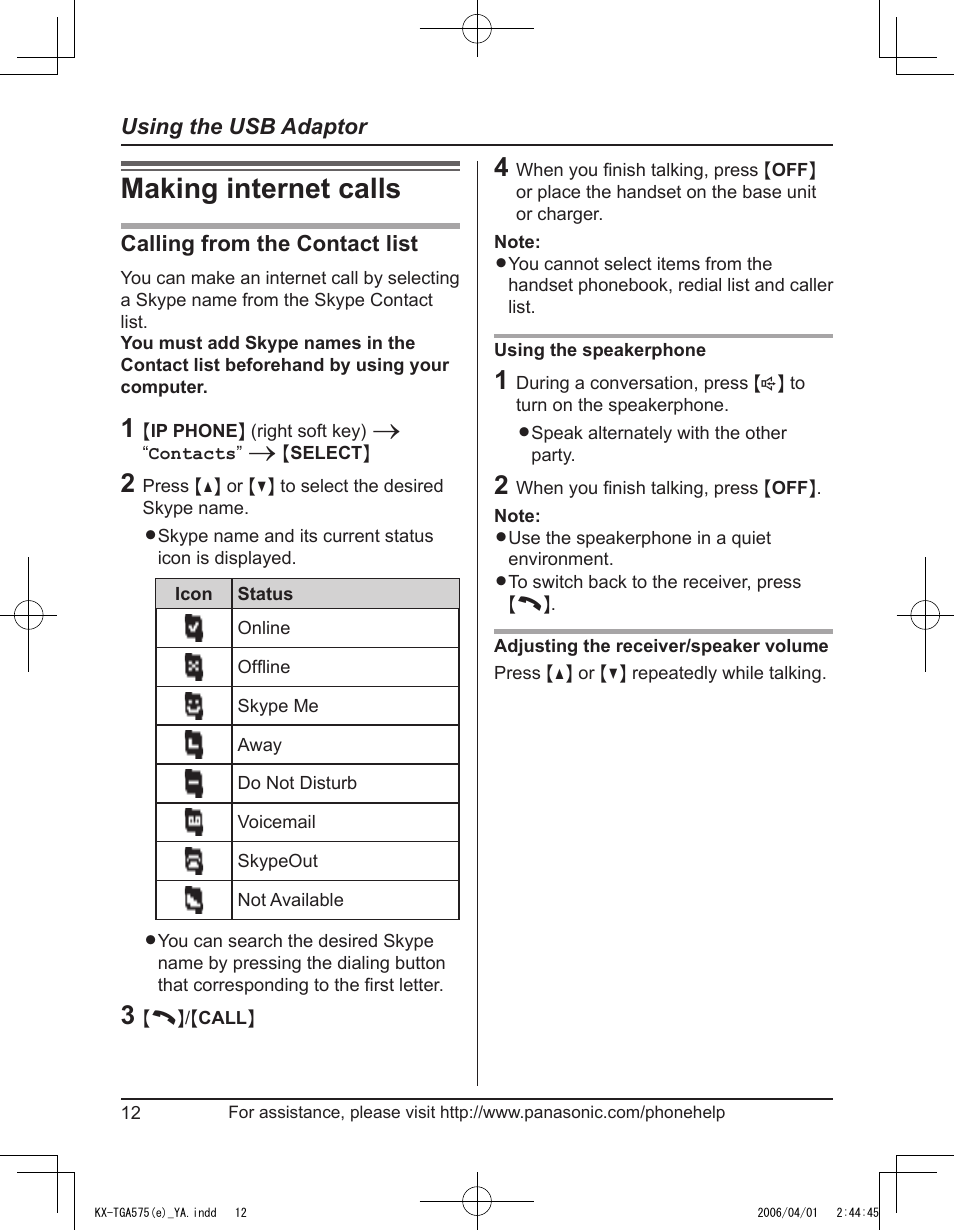 Making internet calls | Panasonic KX-TGA575 User Manual | Page 12 / 24