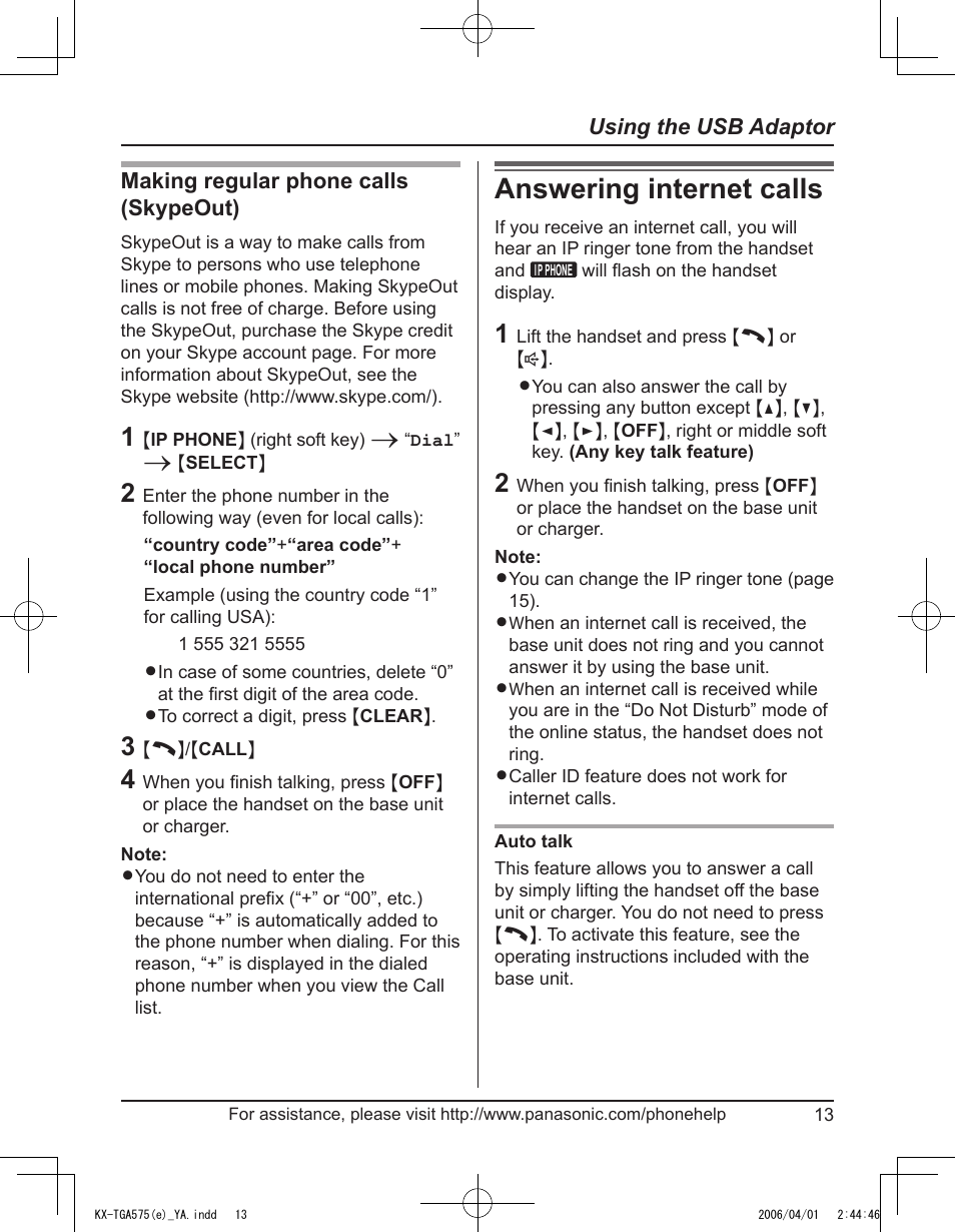 Answering internet calls | Panasonic KX-TGA575 User Manual | Page 13 / 24