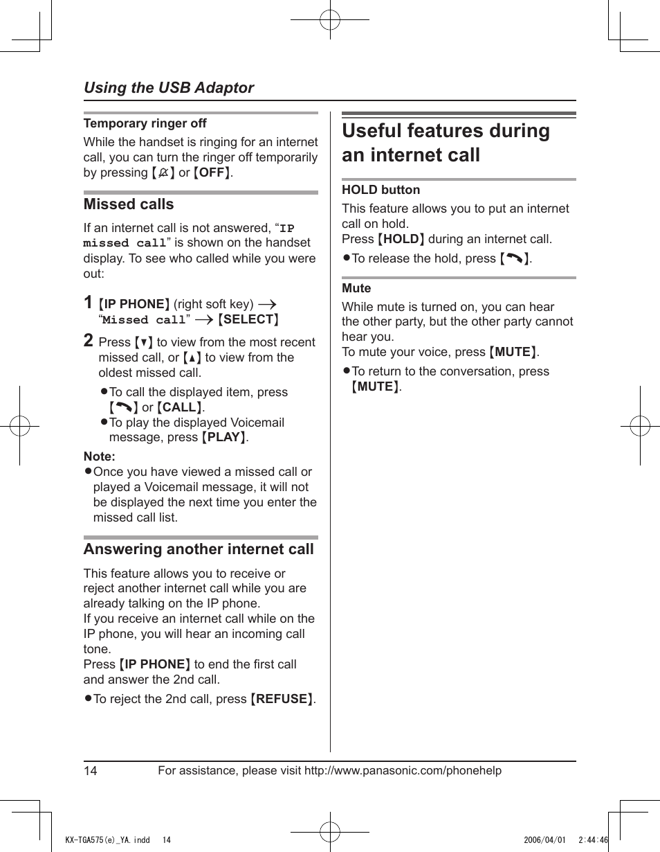 Useful features during an internet call, Using the usb adaptor, Missed calls | Answering another internet call | Panasonic KX-TGA575 User Manual | Page 14 / 24