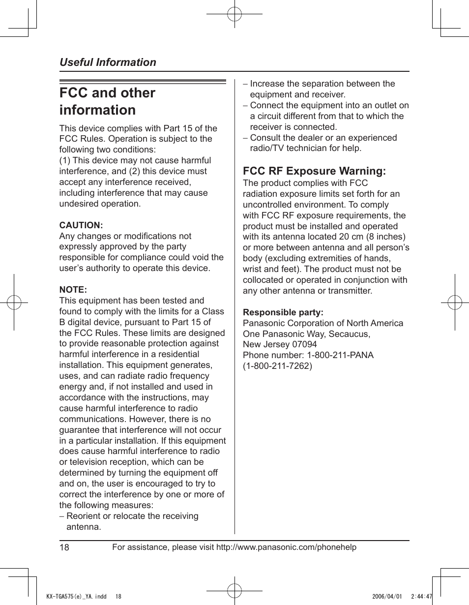 Fcc and other information, Useful information, Fcc rf exposure warning | Panasonic KX-TGA575 User Manual | Page 18 / 24