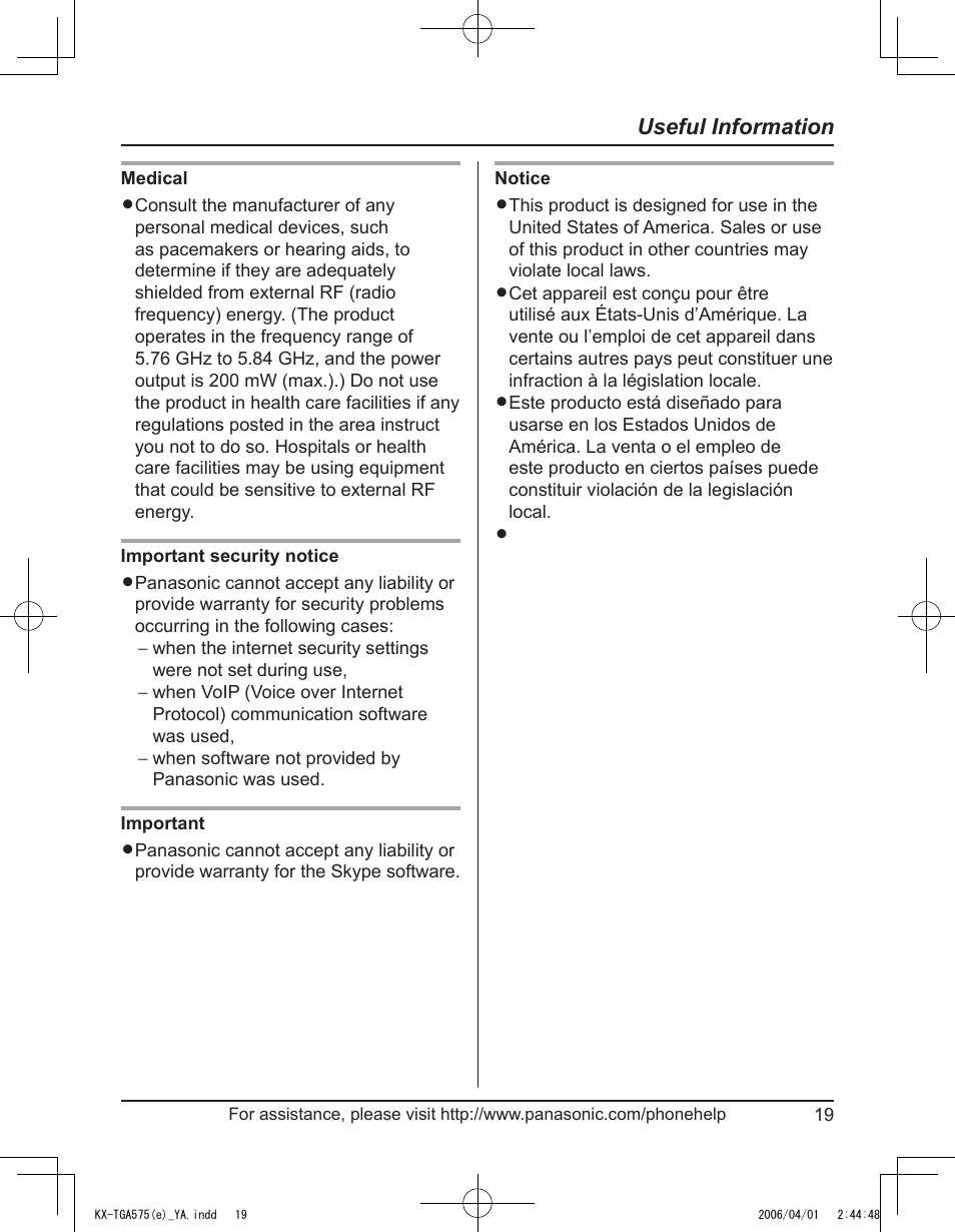 Useful information | Panasonic KX-TGA575 User Manual | Page 19 / 24