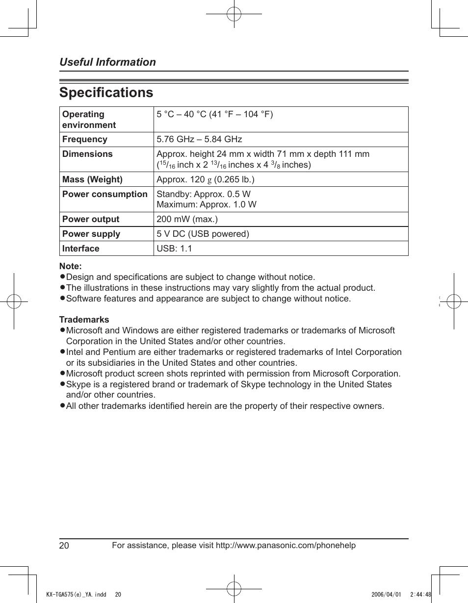 Specifications, Speciﬁcations, Useful information | Panasonic KX-TGA575 User Manual | Page 20 / 24