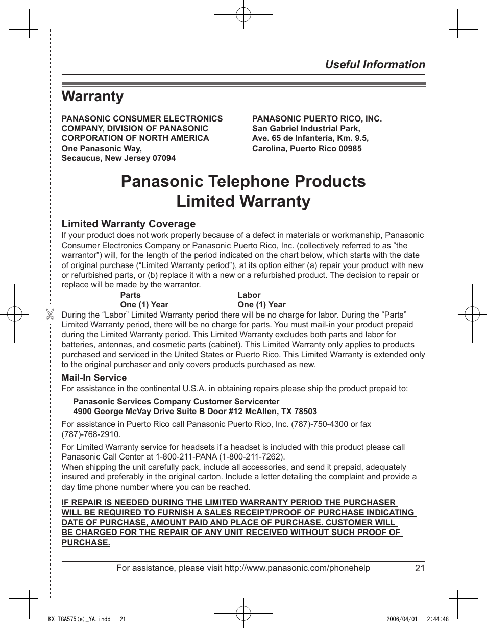 Warranty, Panasonic telephone products limited warranty, Useful information | Panasonic KX-TGA575 User Manual | Page 21 / 24