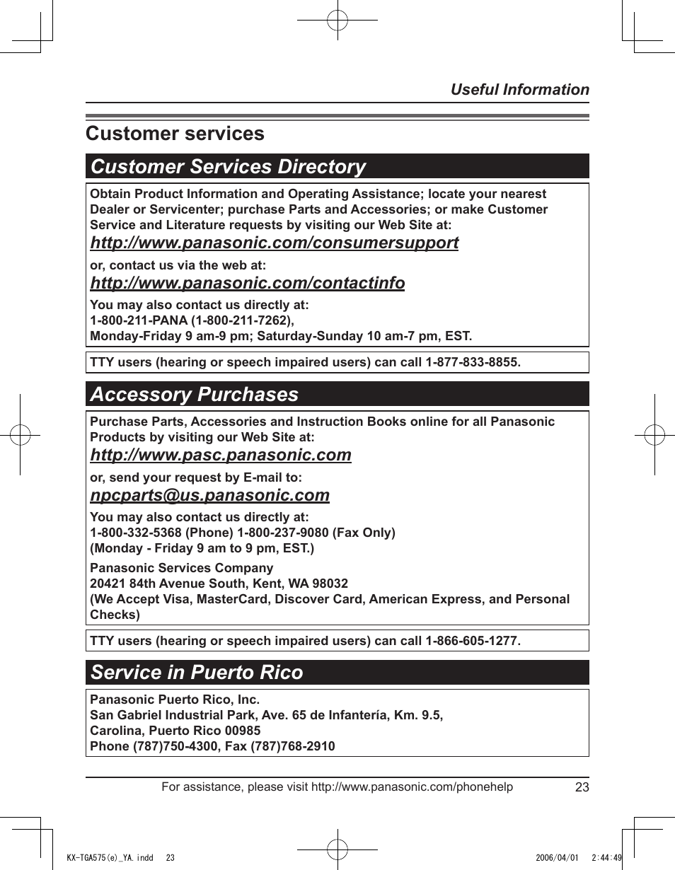 Customer services, Customer services customer services directory, Accessory purchases | Service in puerto rico | Panasonic KX-TGA575 User Manual | Page 23 / 24