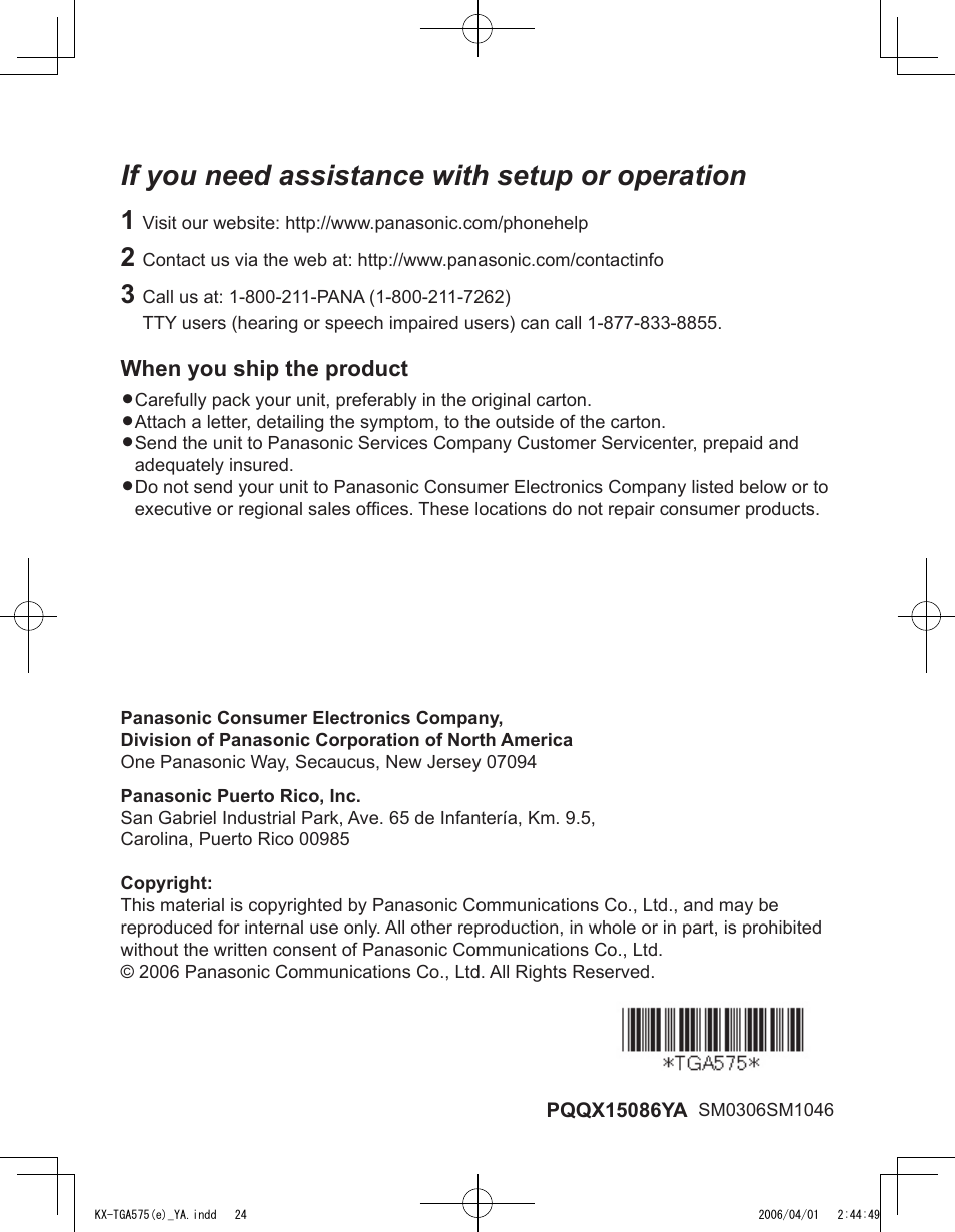 If you need assistance with setup or operation | Panasonic KX-TGA575 User Manual | Page 24 / 24