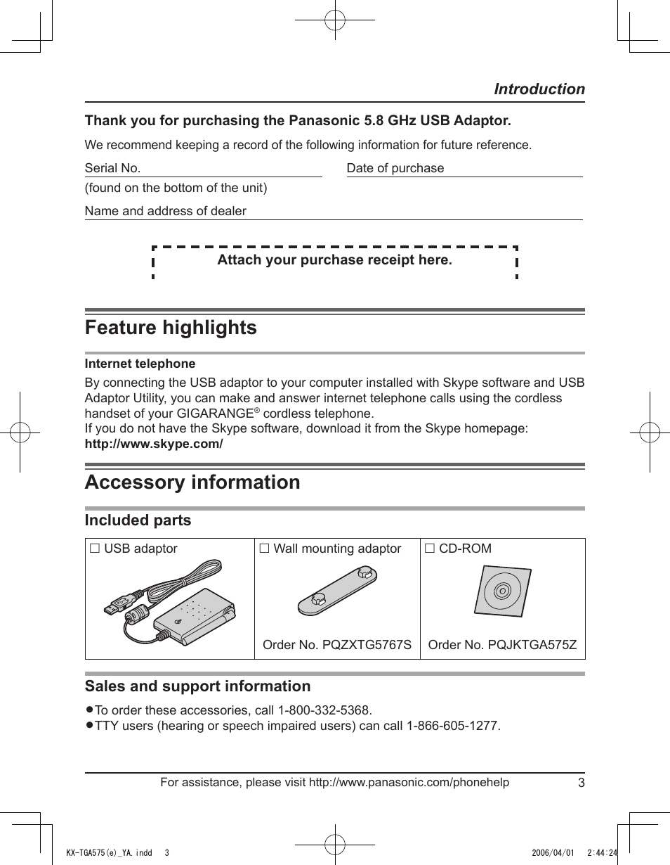 Introduction, Feature highlights, Accessory information | Included parts, Sales and support information | Panasonic KX-TGA575 User Manual | Page 3 / 24