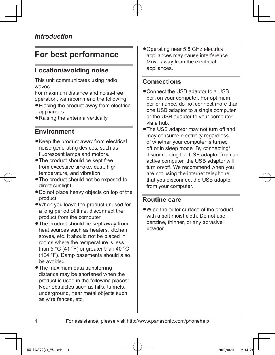 For best performance, Introduction, Location/avoiding noise | Environment, Connections, Routine care | Panasonic KX-TGA575 User Manual | Page 4 / 24