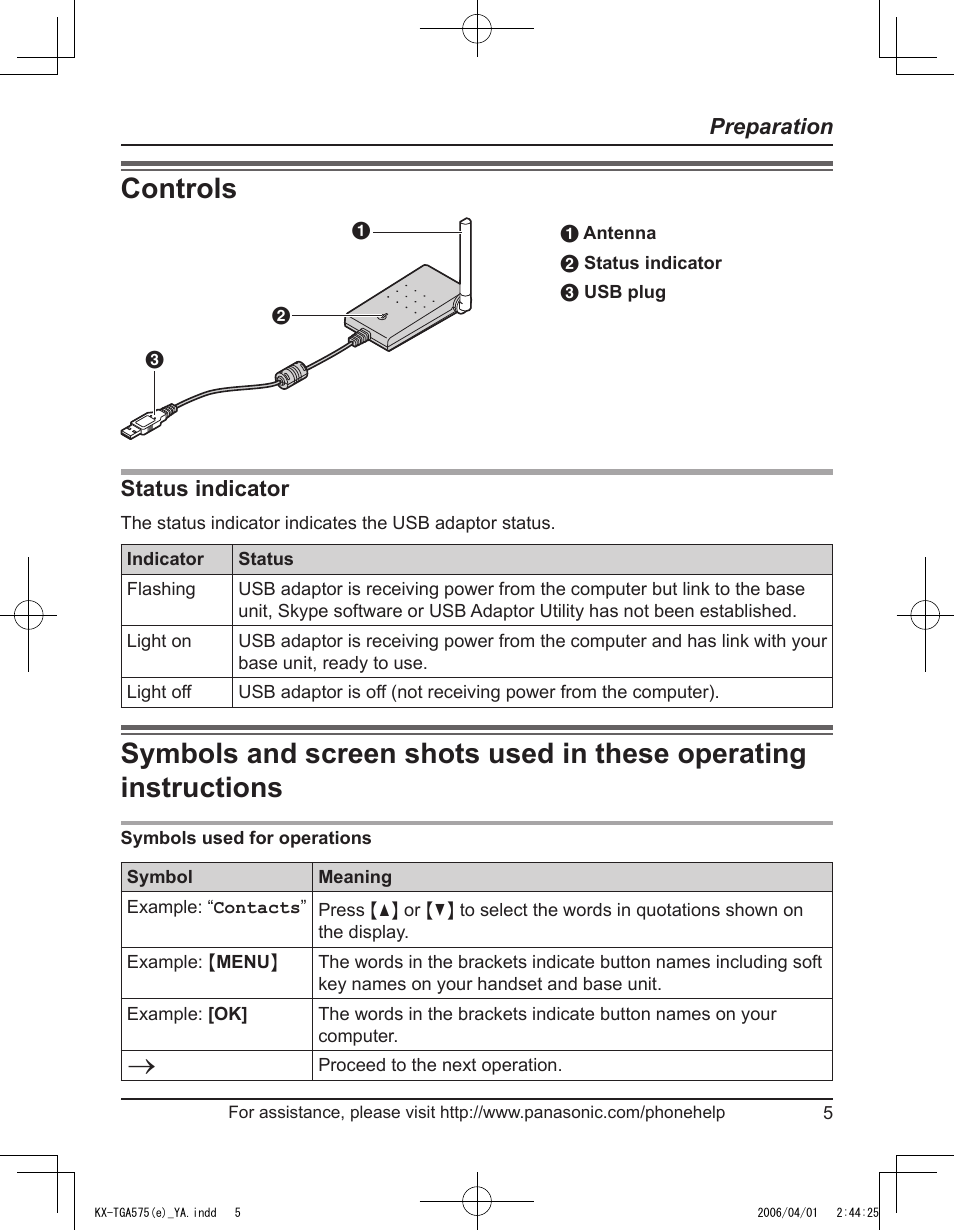 Preparation, Controls | Panasonic KX-TGA575 User Manual | Page 5 / 24