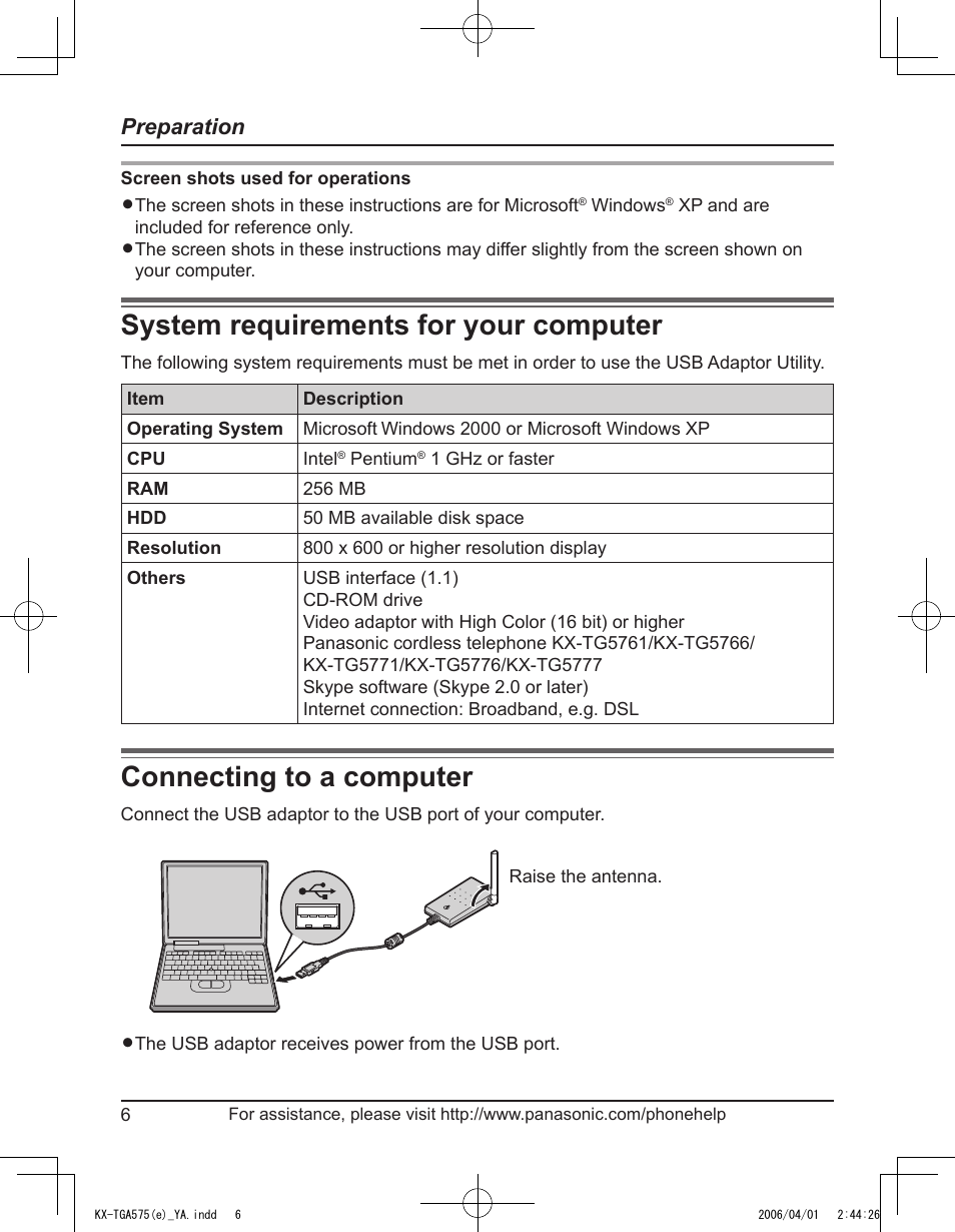 System requirements for your computer, Connecting to a computer, Preparation | Panasonic KX-TGA575 User Manual | Page 6 / 24