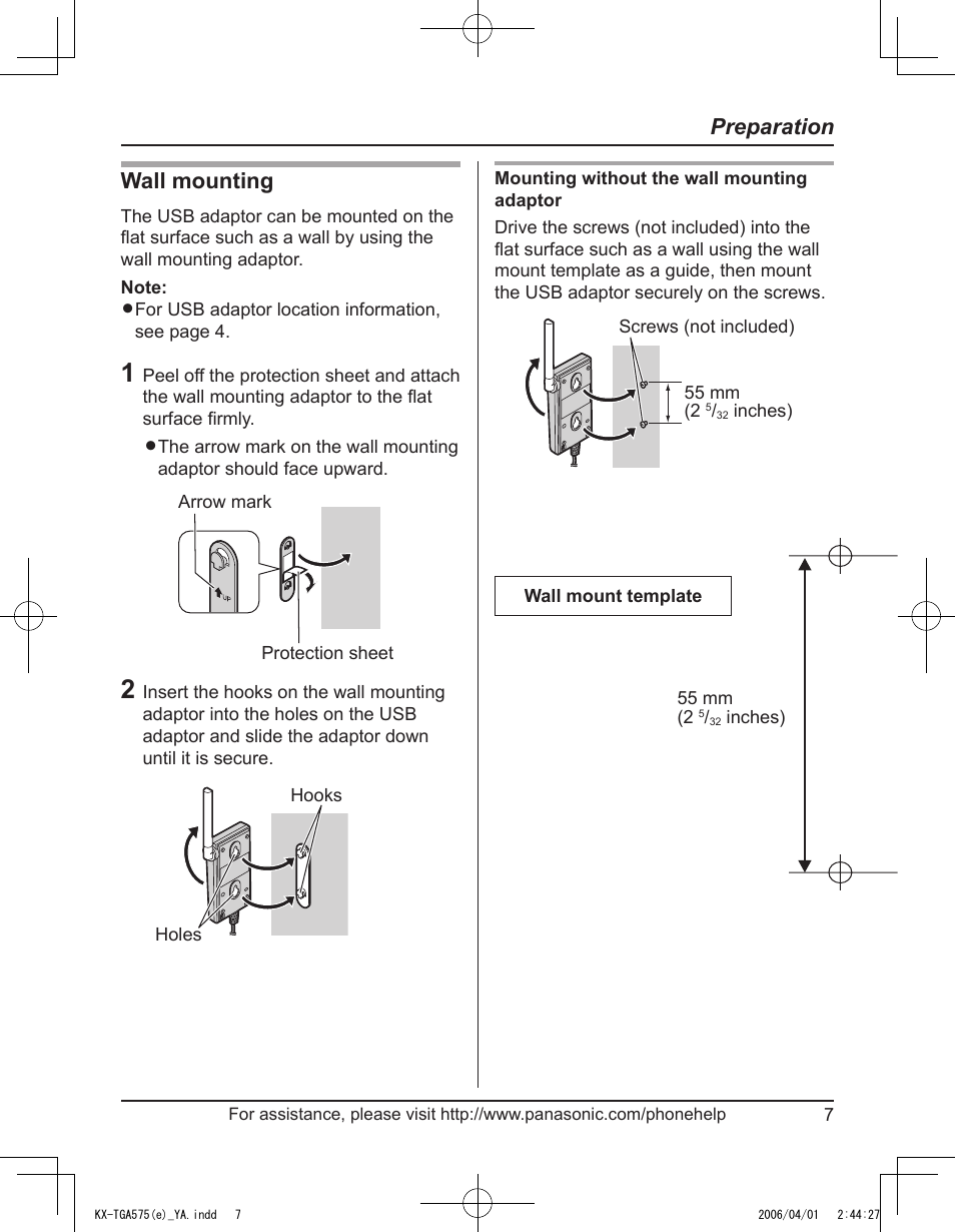 Preparation wall mounting | Panasonic KX-TGA575 User Manual | Page 7 / 24