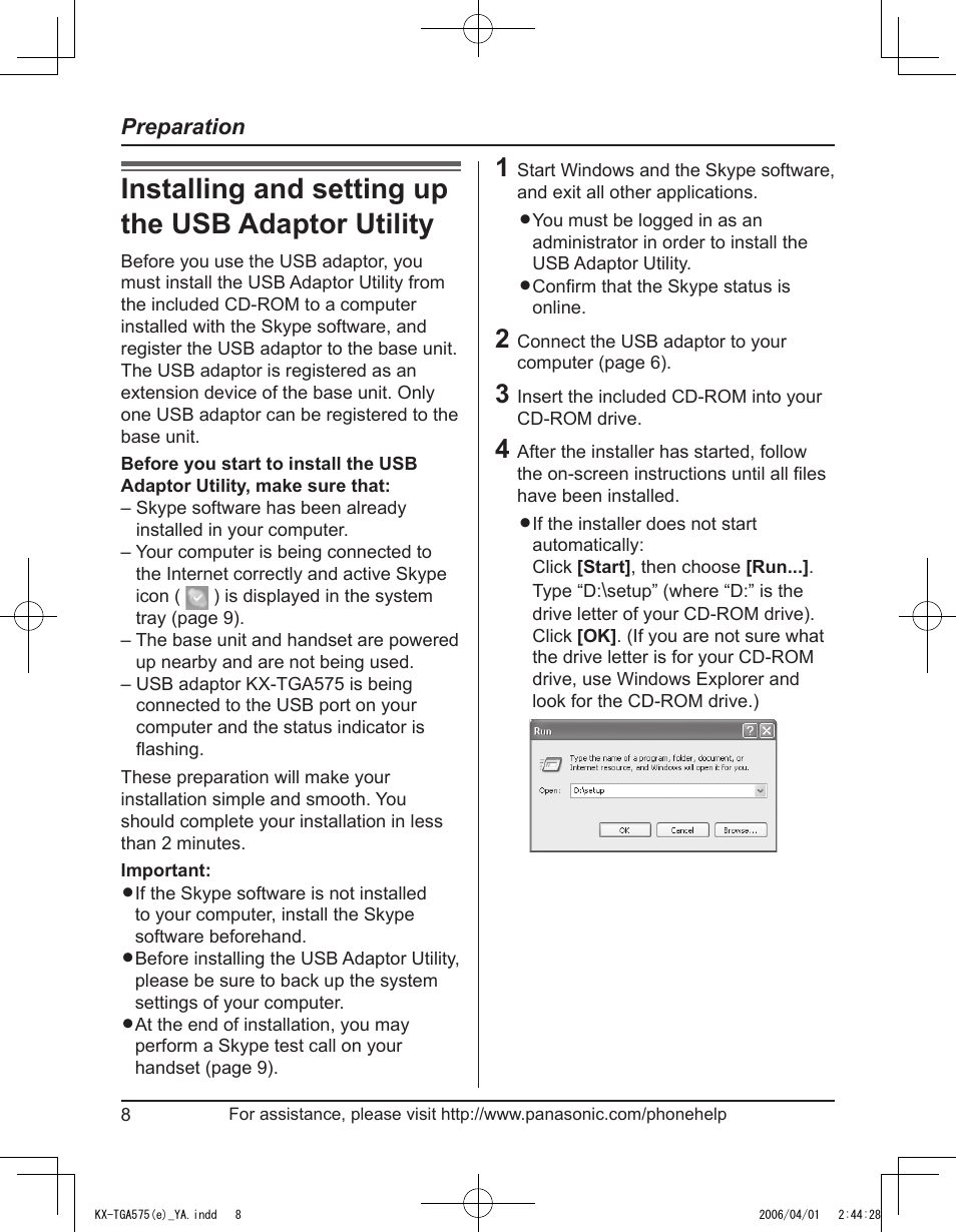 Installing and setting up the usb adapter utility, Installing and setting up the usb adaptor utility | Panasonic KX-TGA575 User Manual | Page 8 / 24