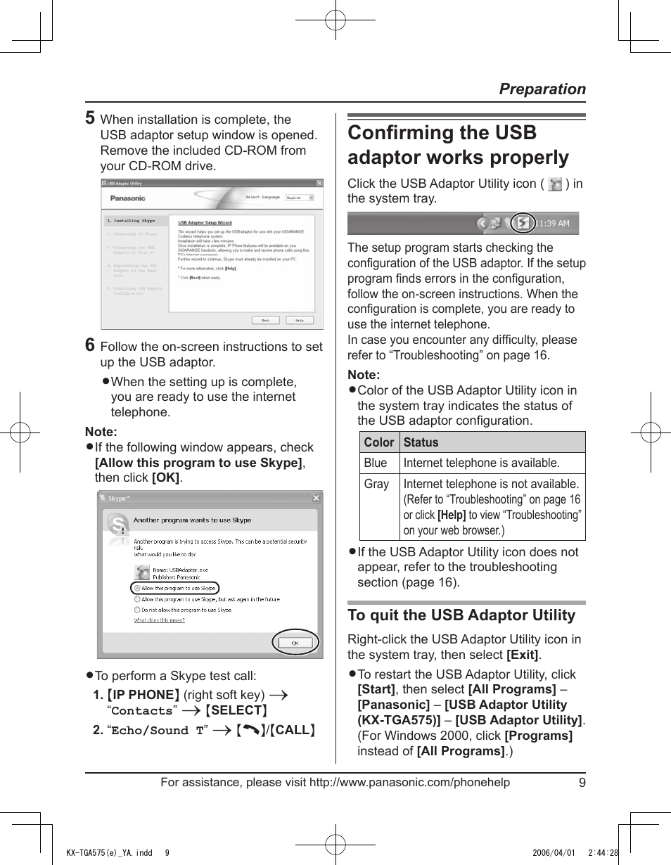 Confirming the usb adapter works property, Conﬁrming the usb adaptor works properly, Preparation | Panasonic KX-TGA575 User Manual | Page 9 / 24